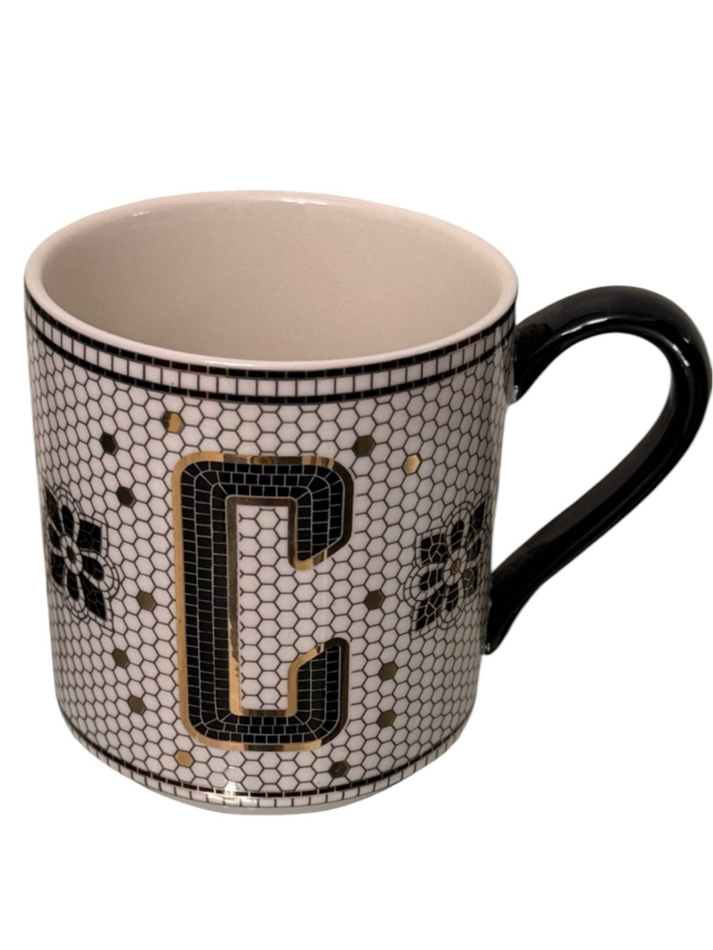 Anthropologie Gold Black Margot Mosaic Bistro Tile Letter C Initial Monogram Mug